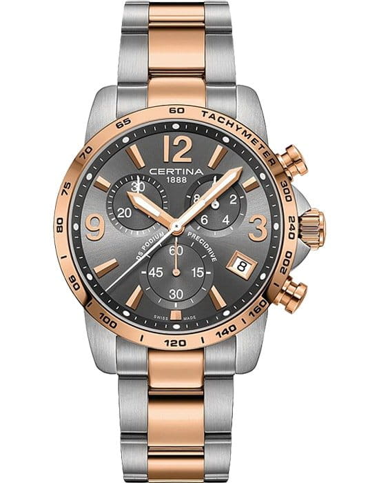 Certina Certina DS Podium Chronograph 1/10 sec C034.417.22.087.00  C0344172208700 кварцевые мужские часы серый циферблат, браслет сталь c pvd покрытием — вид спереди